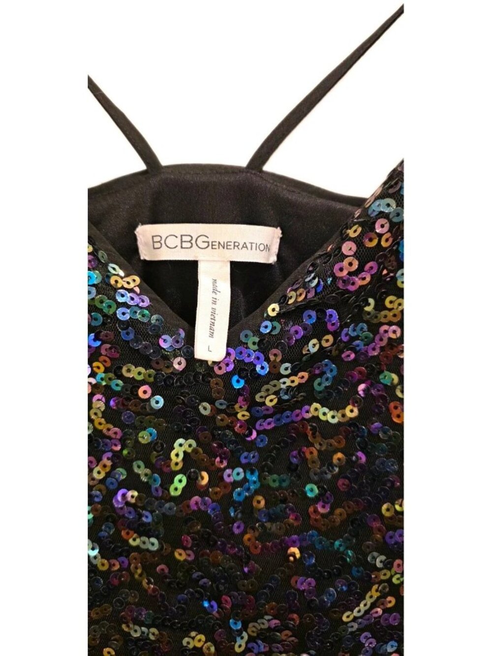 BCBGeneration Black Multicolor Sequin Mesh Sheath Dress V-Neck Lined Zip Size